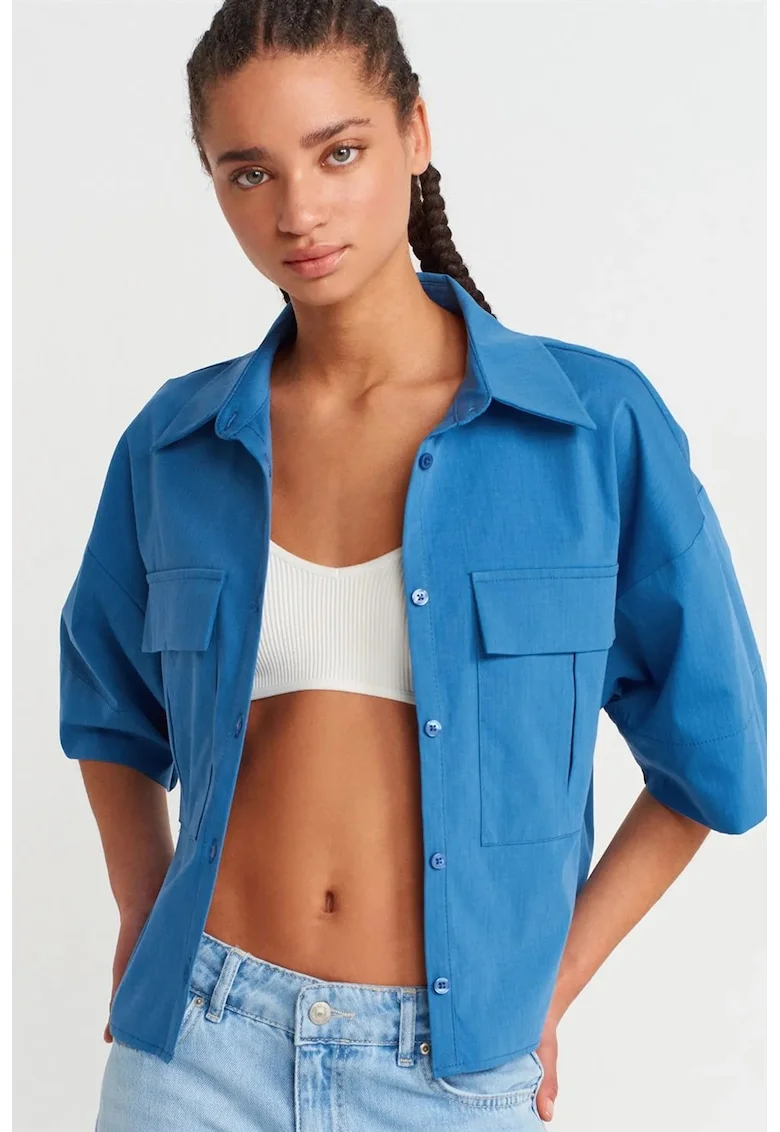 Camasa dama,  camasa supradimensionata scurta, albastru cerulean, poliester-viscoza-elastan,