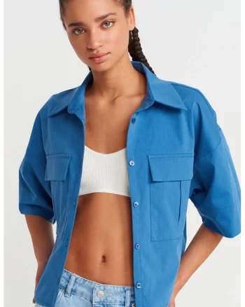 Camasa dama,  camasa supradimensionata scurta, albastru cerulean, poliester-viscoza-elastan,