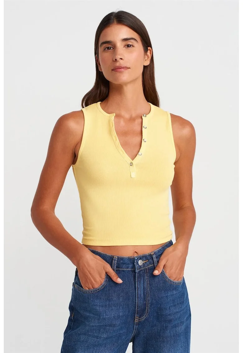 Bluze dama,  crop top din bumbac reiat, galben lamaie, slim fit, fara maneci,
