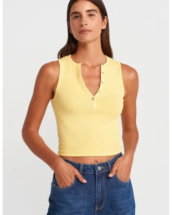 Bluze dama,  crop top din bumbac reiat, galben lamaie, slim fit, fara maneci,