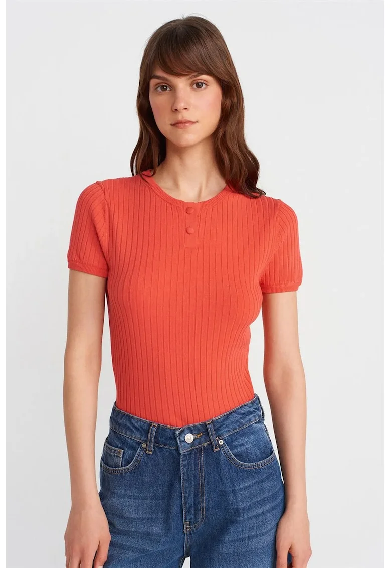 Bluze dama,  Bluza cu nervuri, maneca scurta, portocaliu aprins, 83% viscoza, 17% poliamida,