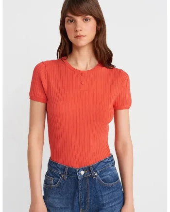 Bluze dama,  Bluza cu nervuri, maneca scurta, portocaliu aprins, 83% viscoza, 17% poliamida,