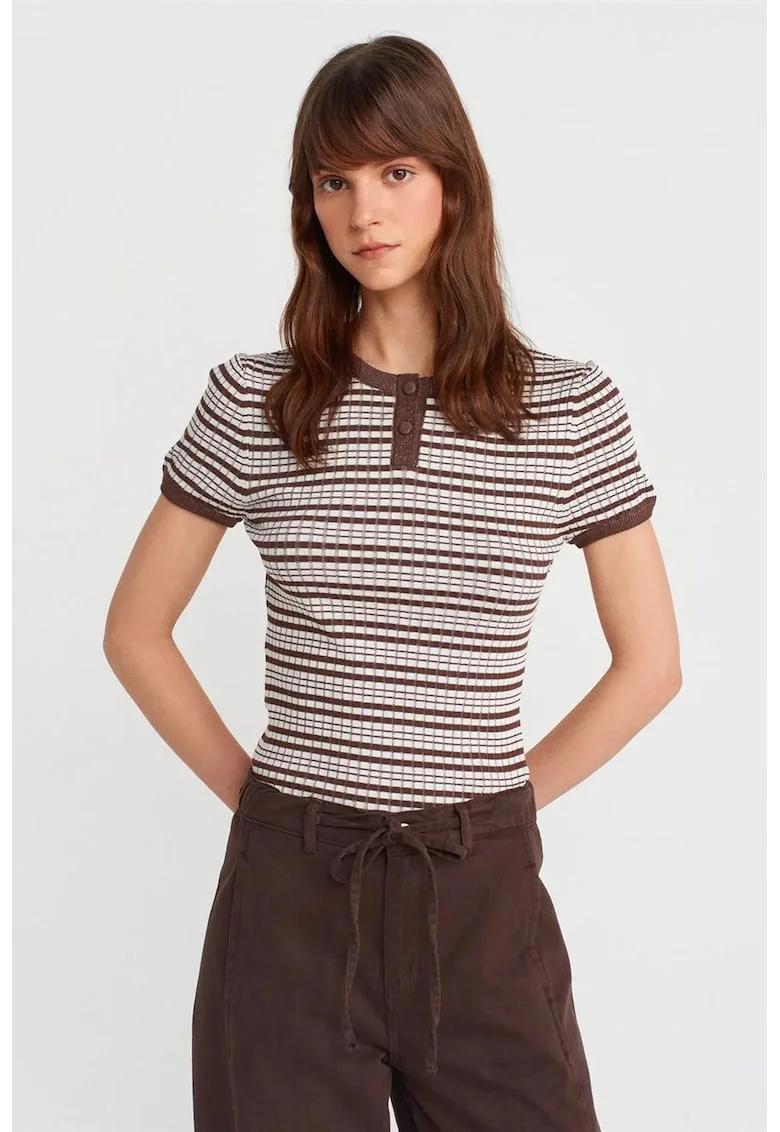 Bluza dama,  bluza cu dungi, maneca scurta, maro, viscoza,