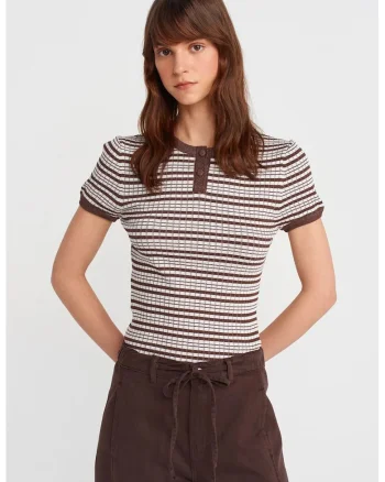 Bluza dama,  bluza cu dungi, maneca scurta, maro, viscoza,