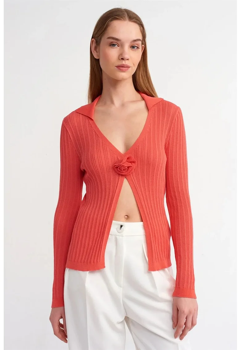 Bluza dama,  polo tricotata, slim-fit, detalii florale, rosu, viscoza si poliamida,