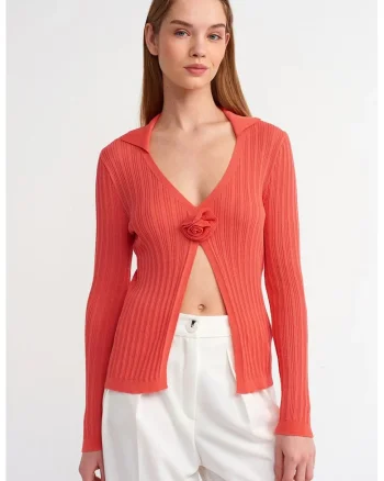 Bluza dama,  polo tricotata, slim-fit, detalii florale, rosu, viscoza si poliamida,