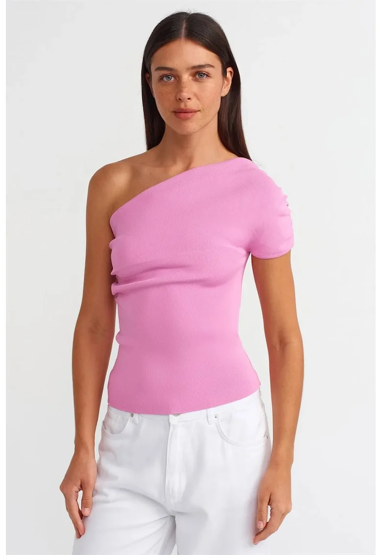 Bluza dama,  asimetrica, detaliu drapat, roz aprins, tricot 54% poliamida, 46% viscoza,
