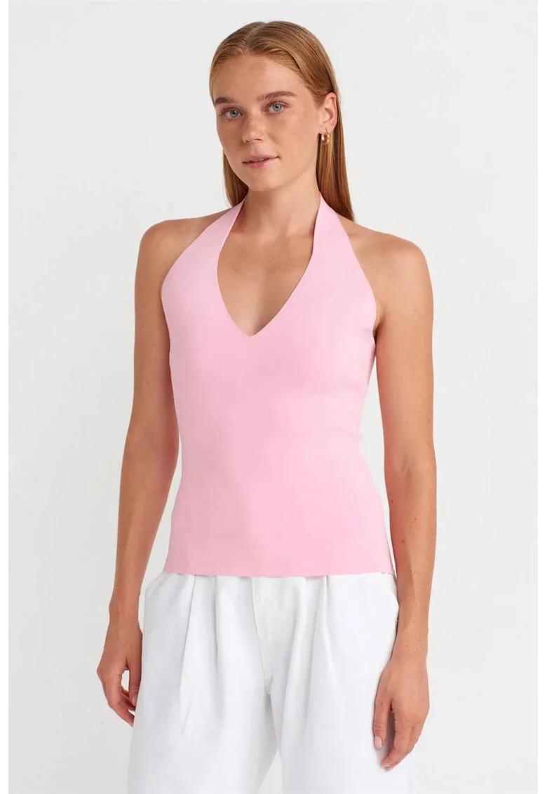 Bluza dama,  Slim Fit, guler halter, imprimat pe spate, roz pudra, tricotat,