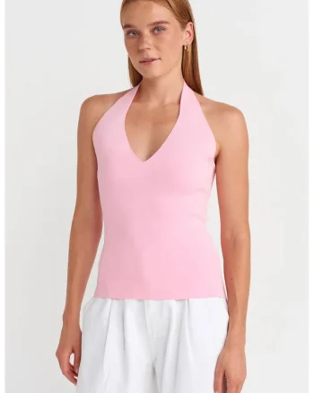 Bluza dama,  Slim Fit, guler halter, imprimat pe spate, roz pudra, tricotat,