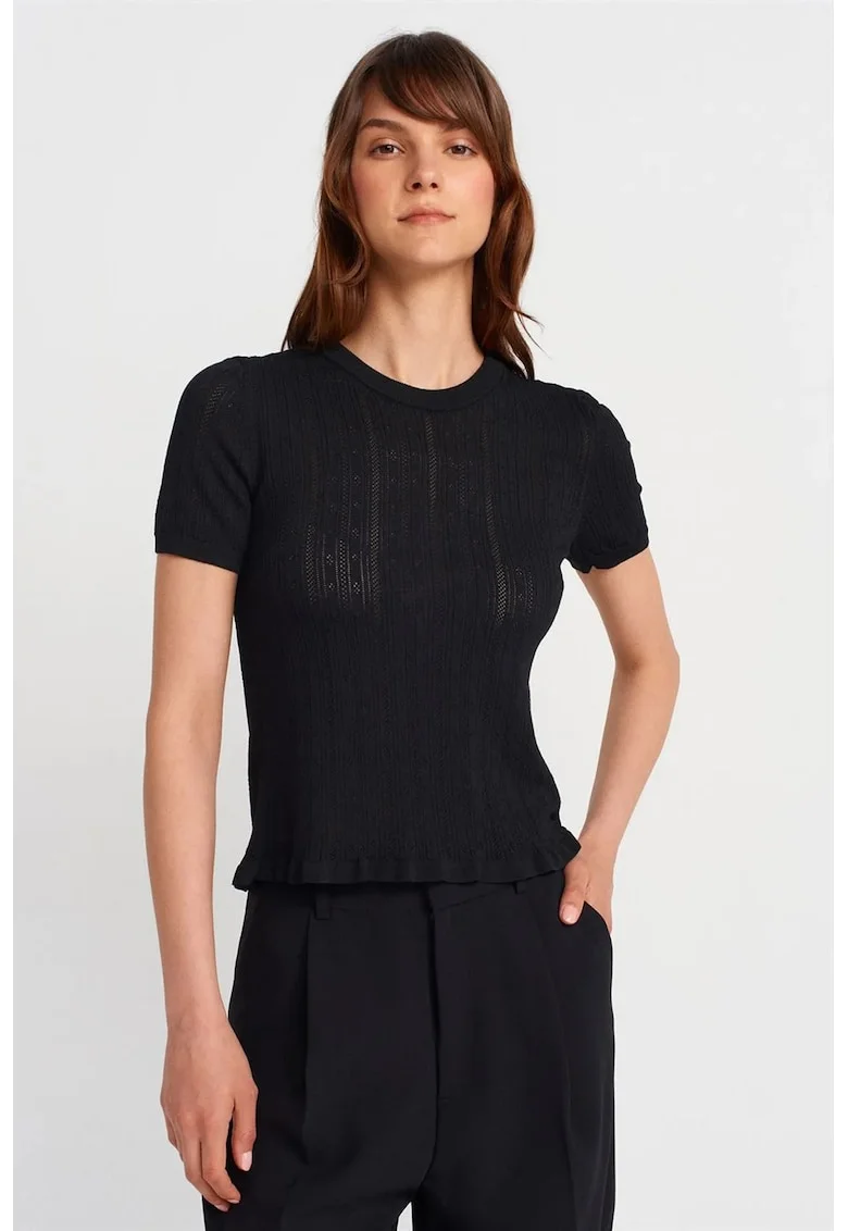 Bluza dama,  bluza cu maneca scurta, volanase, negru, texturata,