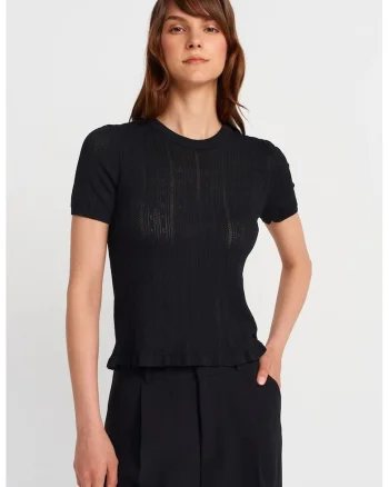 Bluza dama,  bluza cu maneca scurta, volanase, negru, texturata,