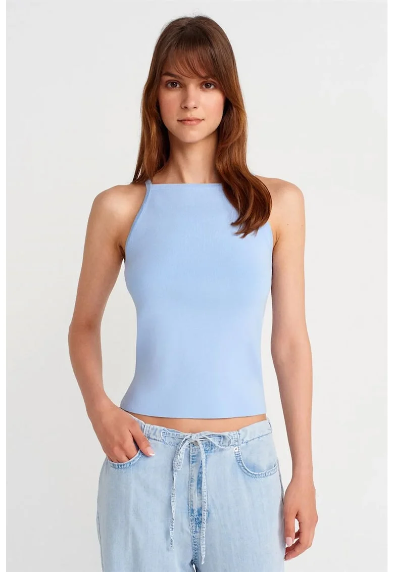 Bluza dama,  slim fit, detaliu funda, albastru bebelus, tricot subtire,