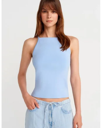 Bluza dama,  slim fit, detaliu funda, albastru bebelus, tricot subtire,
