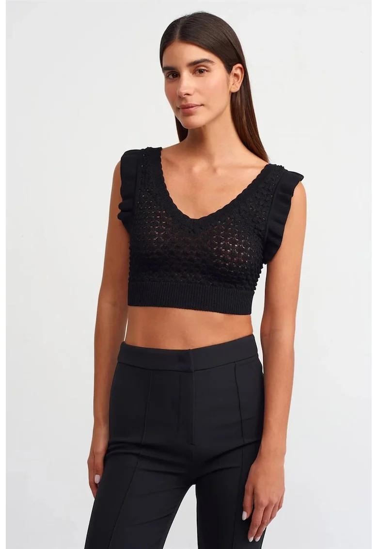 Bluza dama,  crop, volanase, negru, viscoza si poliamida,
