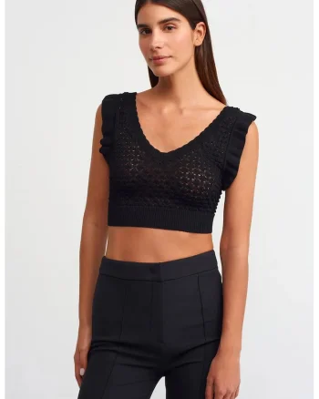 Bluza dama,  crop, volanase, negru, viscoza si poliamida,