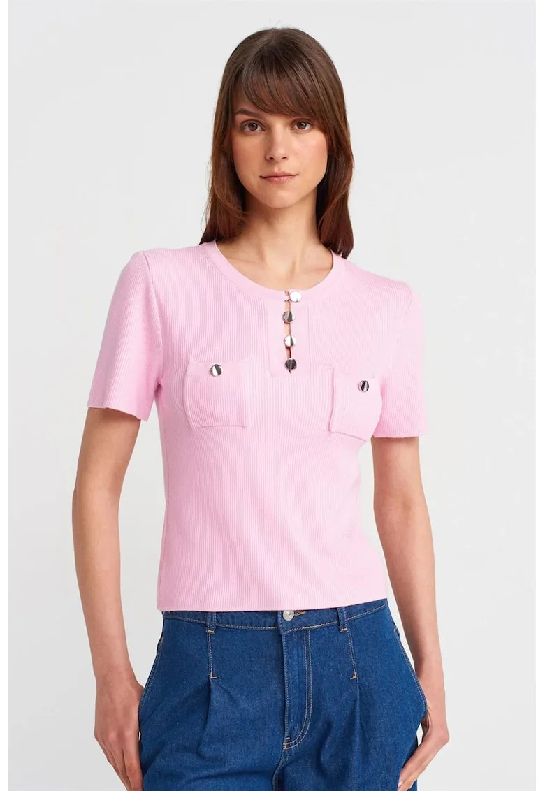 Bluza dama,  regular fit, maneci scurte, roz pudrat, tricot din viscoza si poliamida,