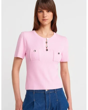 Bluza dama,  regular fit, maneci scurte, roz pudrat, tricot din viscoza si poliamida,