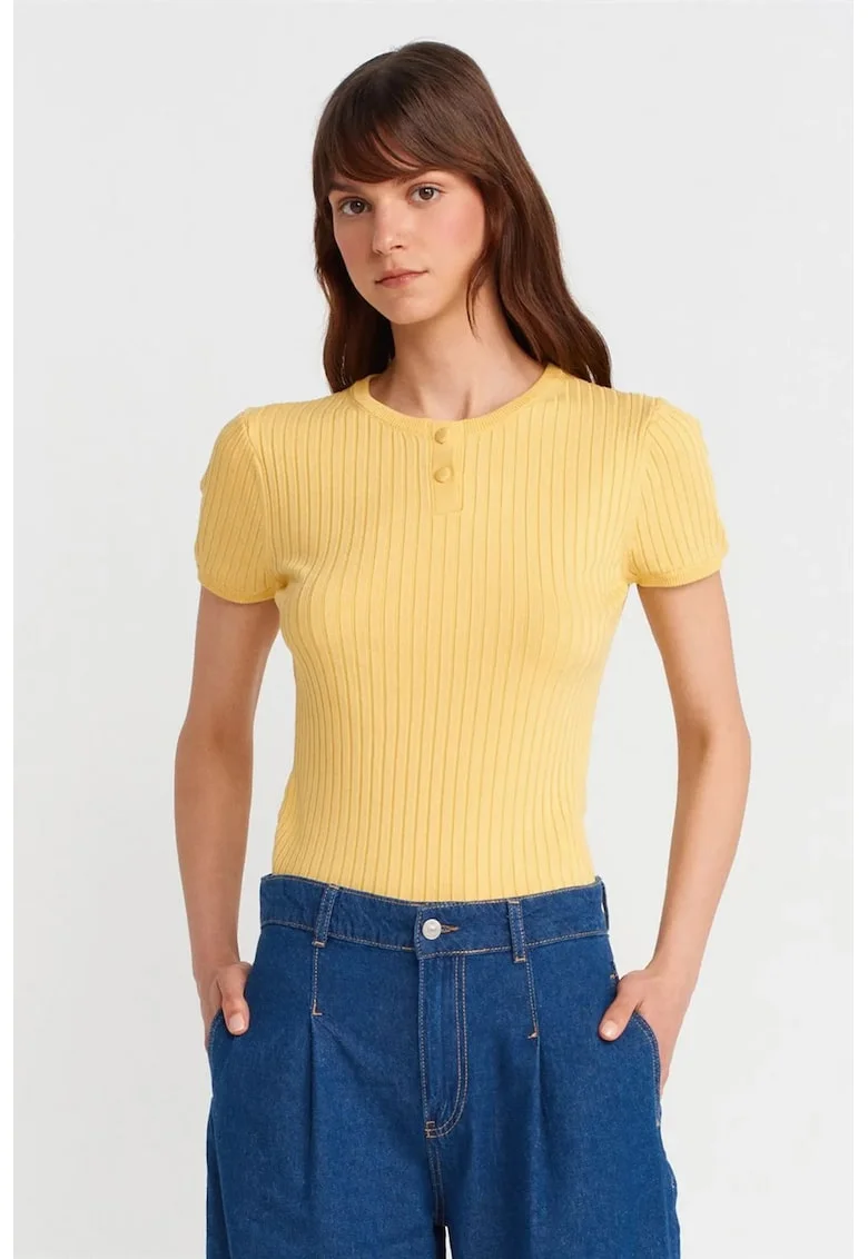 Bluza dama,  Bluza cu nervuri, maneca scurta, galben lamaie, viscoza,