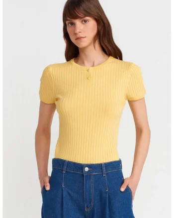 Bluza dama,  Bluza cu nervuri, maneca scurta, galben lamaie, viscoza,