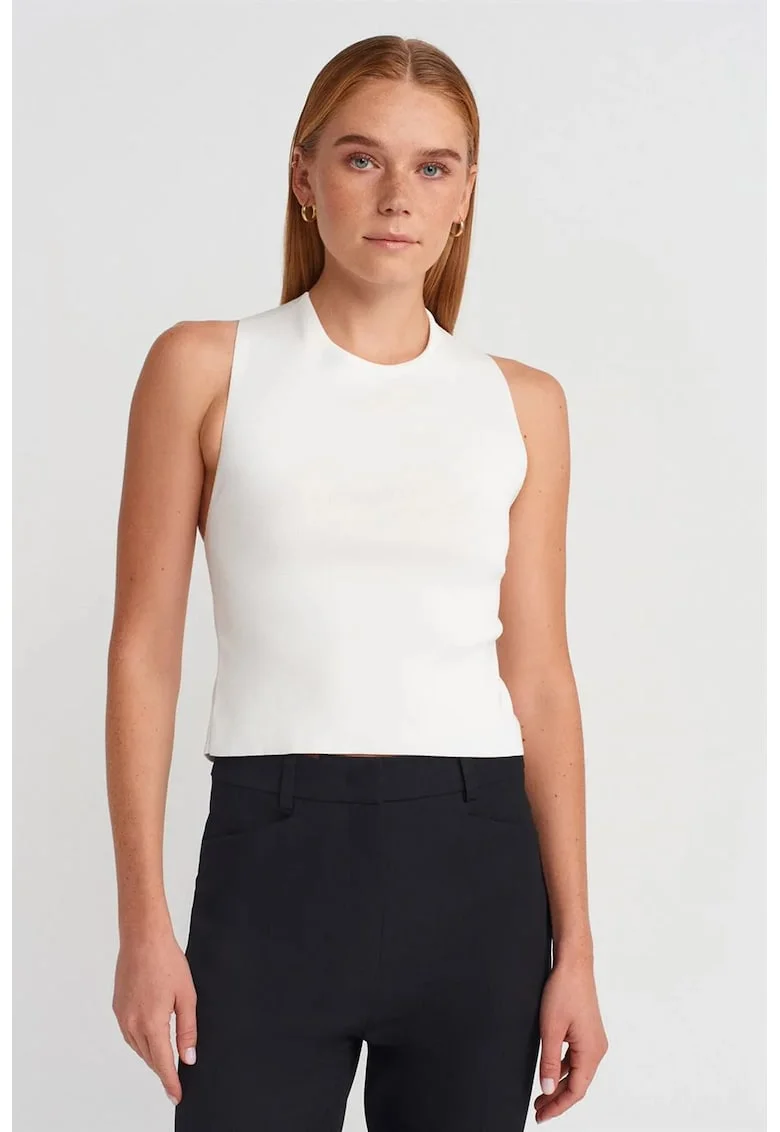 Bluza dama,  tricotata fara maneci, decupaj, alb, poliester-viscoza-poliamida,