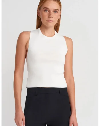 Bluza dama,  tricotata fara maneci, decupaj, alb, poliester-viscoza-poliamida,