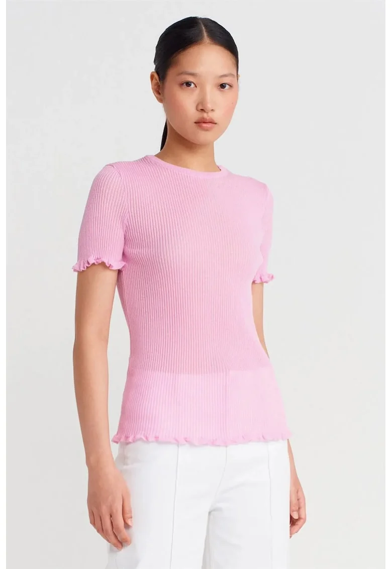 Bluza dama,  Bluza Slim Fit cu volane, Roz Pudra, 100% poliester,