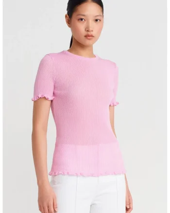 Bluza dama,  Bluza Slim Fit cu volane, Roz Pudra, 100% poliester,
