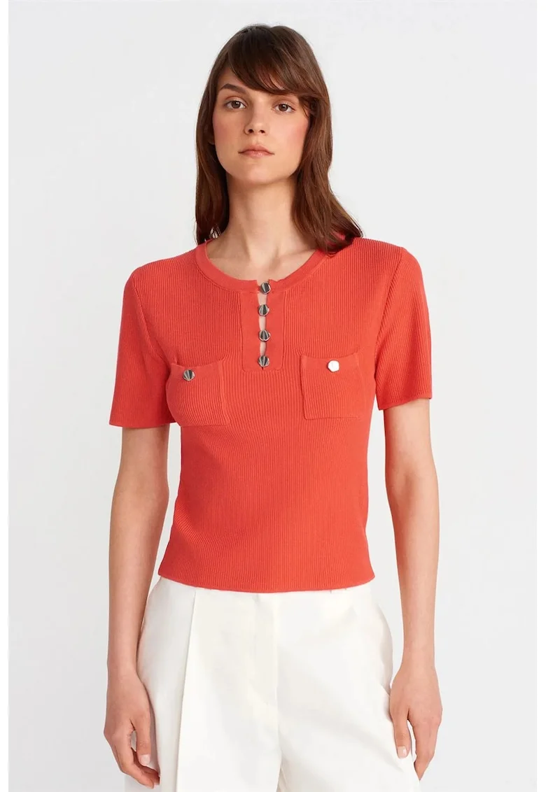 Bluza dama,  regular fit, portocalie, tricotata din viscoza si poliamida, maneci scurte, cu nasturi,