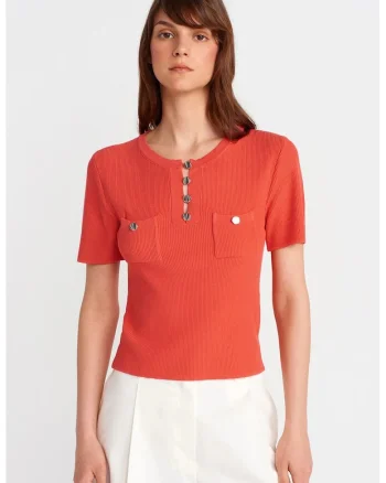 Bluza dama,  regular fit, portocalie, tricotata din viscoza si poliamida, maneci scurte, cu nasturi,