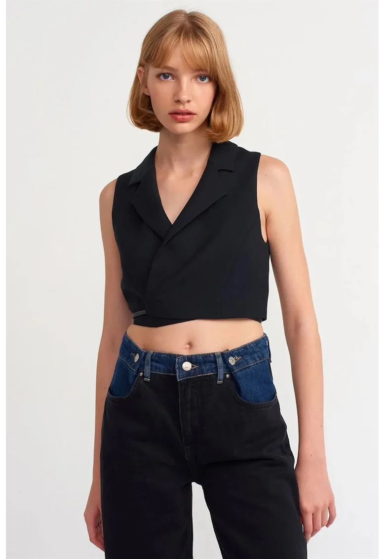 Bluza crop,  mulata, cu detalii cu snur, negru, crep,