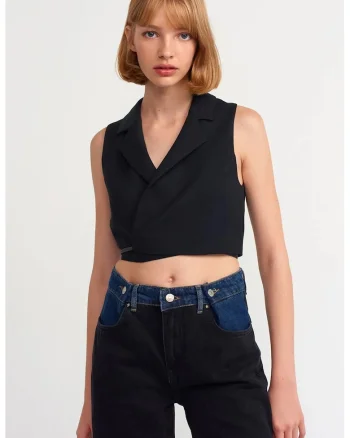 Bluza crop,  mulata, cu detalii cu snur, negru, crep,