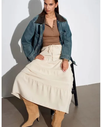 Fusta Maxi,  talie inalta, croiala A, crem natural, 100% tencel