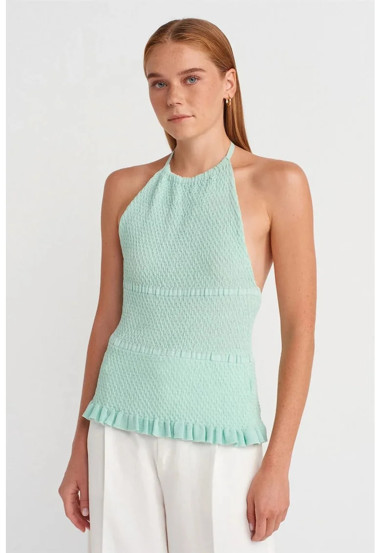 Bluza dama,  slim fit, volanase, verde menta, tricot viscoza-poliamida,