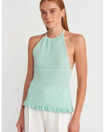 Bluza dama,  slim fit, volanase, verde menta, tricot viscoza-poliamida,