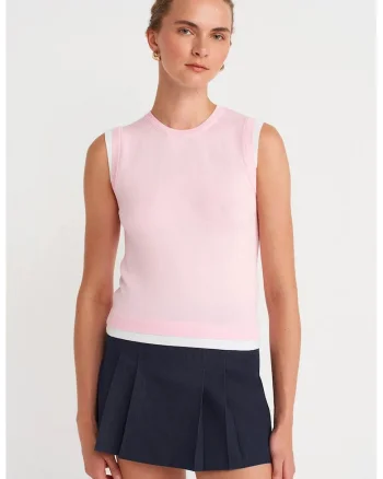 Top  vesta fara maneci, roz pudra, tricot reiat, casual,
