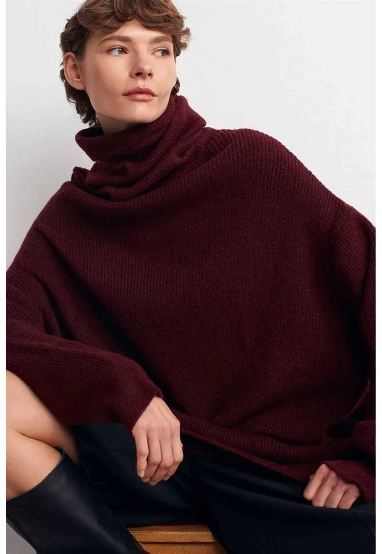 Pulover dama,  supradimensionat, guler inalt, rosu burgundy, acril si poliester,