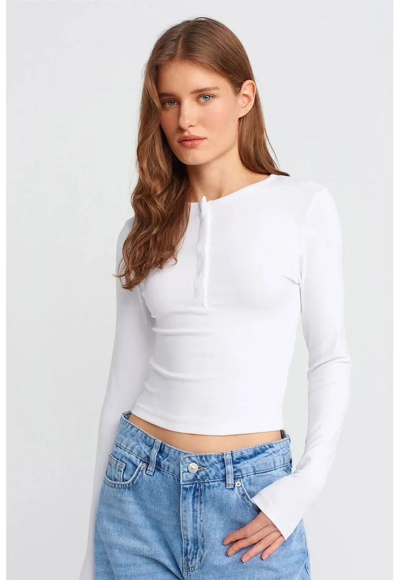 Bluza  slim fit, maneca lunga, alb, bumbac-modal-elastan,