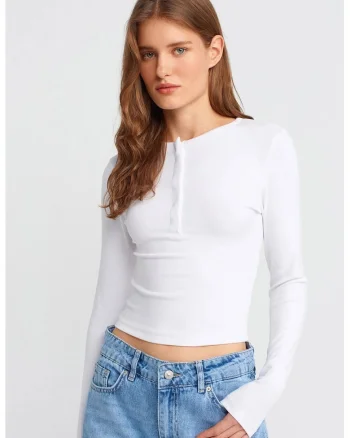 Bluza  slim fit, maneca lunga, alb, bumbac-modal-elastan,