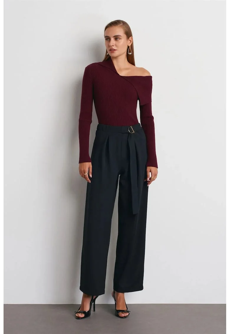 Pantaloni dama,  talie inalta, picior larg, negru, crep,