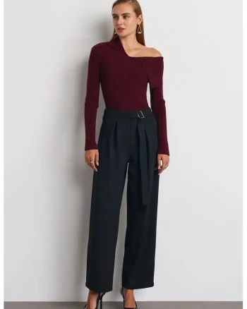 Pantaloni dama,  talie inalta, picior larg, negru, crep,