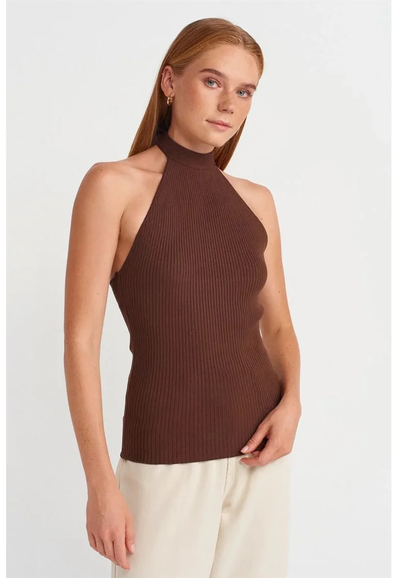 Bluza dama,  bluza mulata cu guler halter, maro cafea, cu nervuri, viscoza,