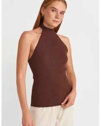 Bluza dama,  bluza mulata cu guler halter, maro cafea, cu nervuri, viscoza,