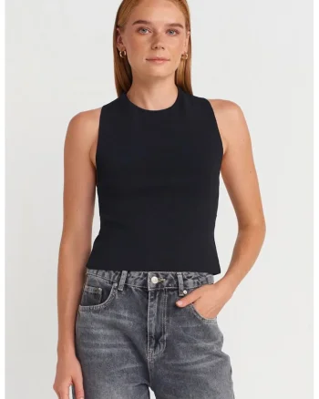 Bluza dama,  tricotata fara maneci, negru, detaliu decupat, casual,