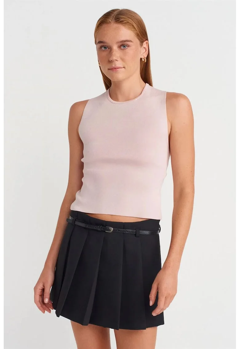 Bluza dama,  tricotata fara maneci, decupaj, roz pudra, poliester-viscoza-poliamida,