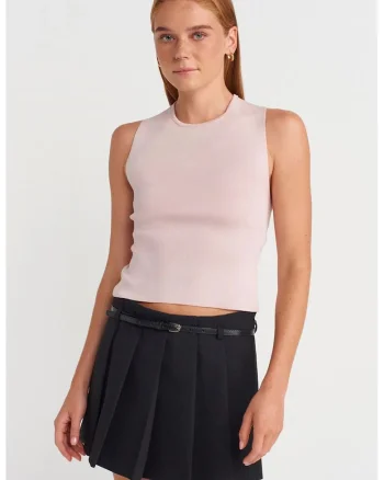 Bluza dama,  tricotata fara maneci, decupaj, roz pudra, poliester-viscoza-poliamida,