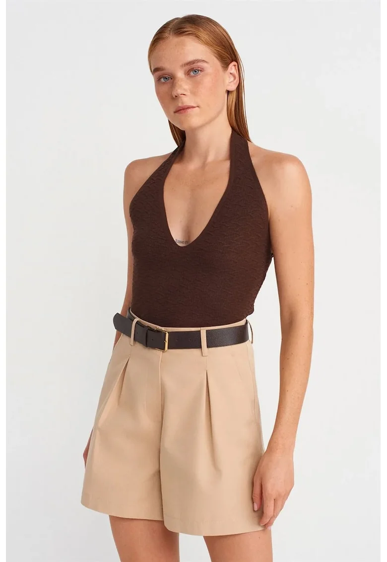 Bluza dama,  guler halter, elegant, maro, tricot 88% acrilic, 12% poliester,