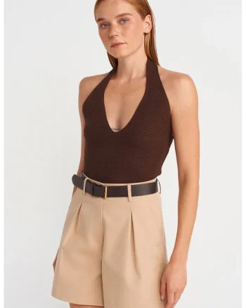 Bluza dama,  guler halter, elegant, maro, tricot 88% acrilic, 12% poliester,