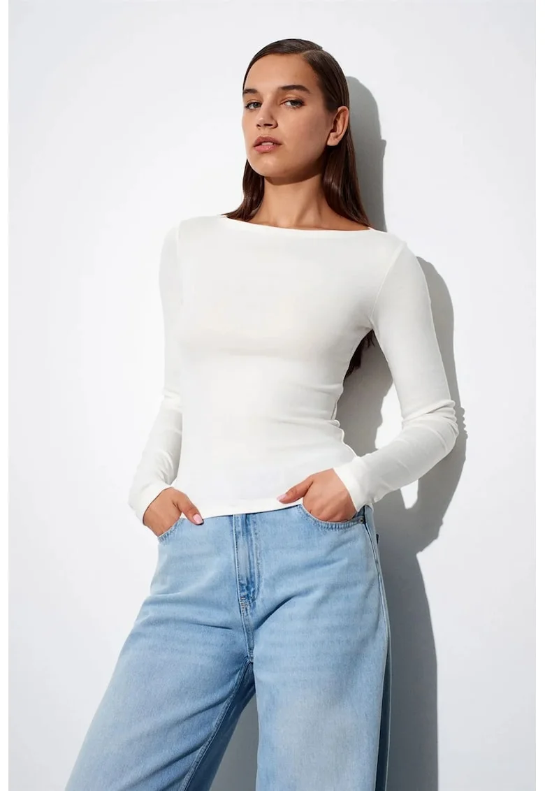 Bluza  pentru femei, slim-fit, maneca lunga, alb, bumbac-modal-elastan,