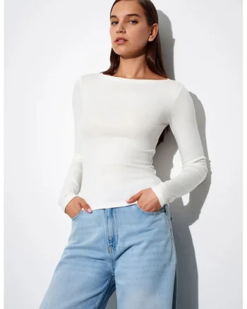 Bluza  pentru femei, slim-fit, maneca lunga, alb, bumbac-modal-elastan,