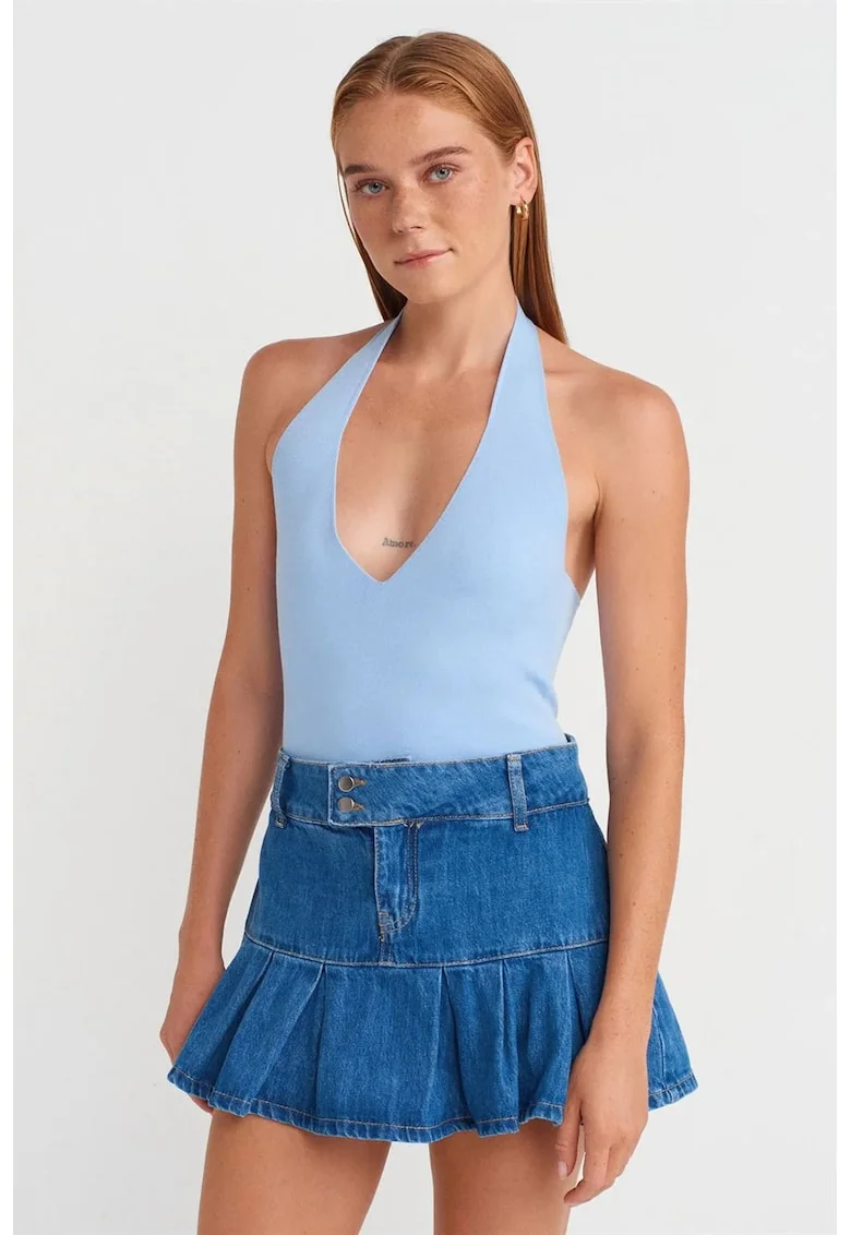 Bluza dama,  Slim Fit, guler halter, Albastru deschis, tricotat,